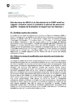 Etat des lieux du SECO et du Secrétariat de la CDEP relatif au rapport « Initiative visant à comb....